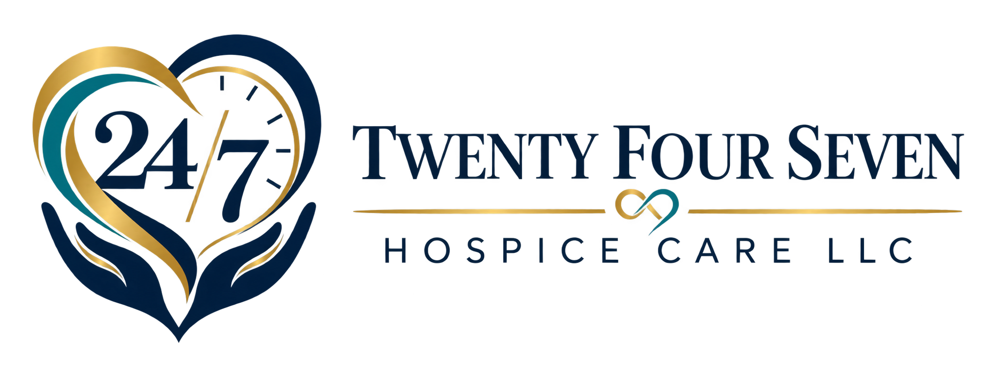 Twenty Four Seven Hospice Care LLC logo: a 24/7 clock inside a heart held by cupped hands