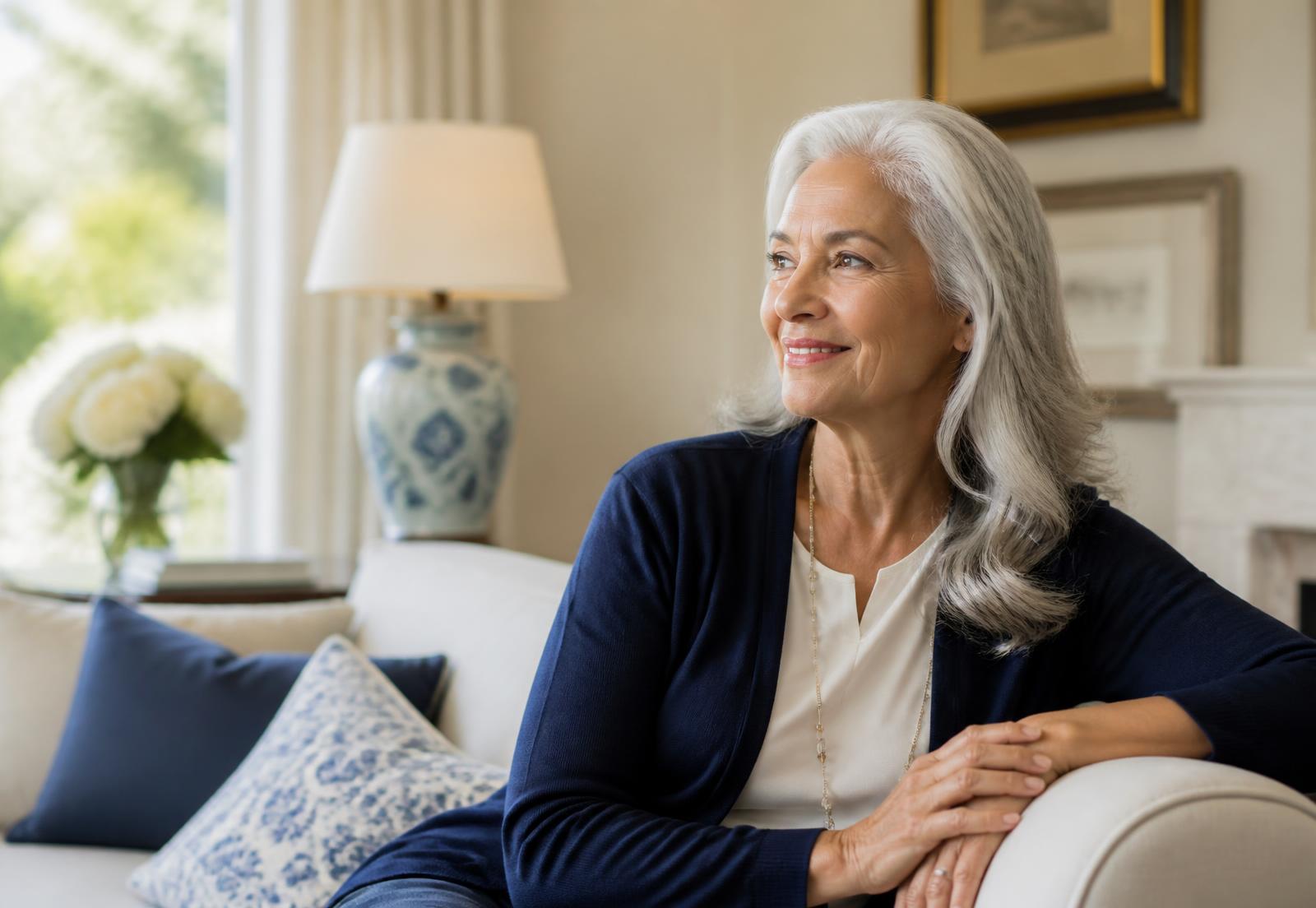 An older woman sitting comfortably in a sunlit living room, looking calmly toward a window